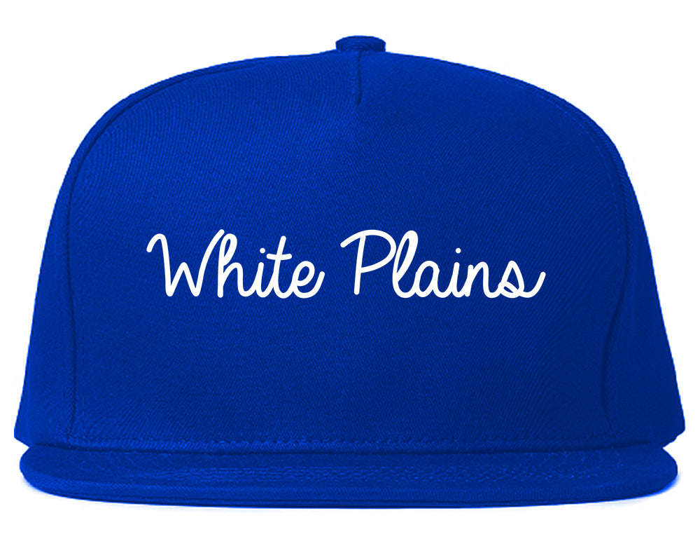 White Plains New York NY Script Mens Snapback Hat Royal Blue