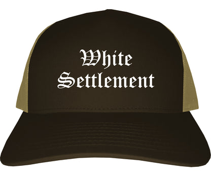 Brown Settlement Texas TX Old English Mens Trucker Hat Cap Brown