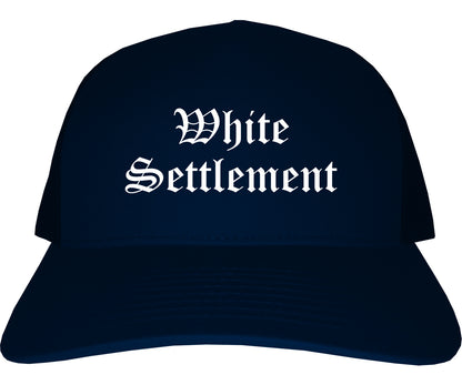 Brown Settlement Texas TX Old English Mens Trucker Hat Cap Navy Blue