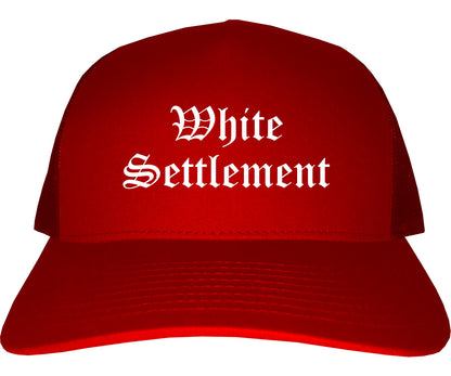Brown Settlement Texas TX Old English Mens Trucker Hat Cap Red