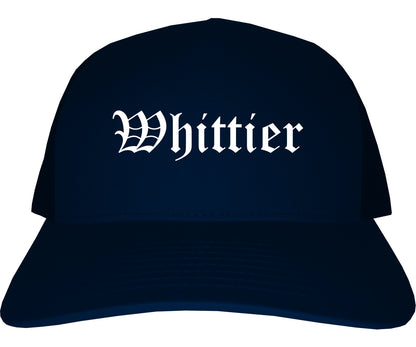 Whittier California CA Old English Mens Trucker Hat Cap Navy Blue