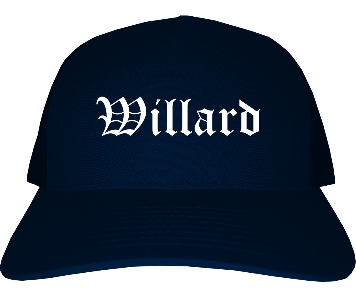 Willard Ohio OH Old English Mens Trucker Hat Cap Navy Blue
