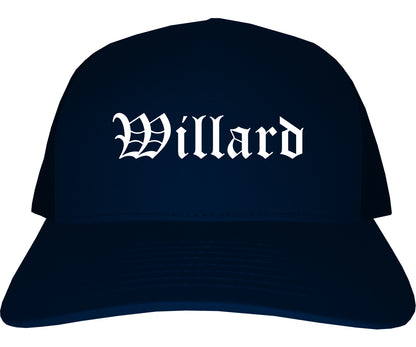 Willard Ohio OH Old English Mens Trucker Hat Cap Navy Blue