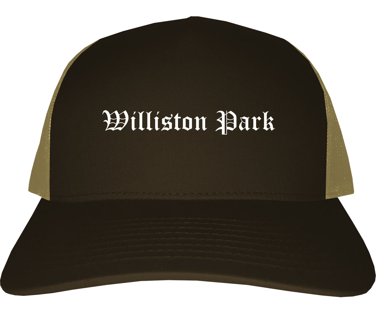 Williston Park New York NY Old English Mens Trucker Hat Cap Brown