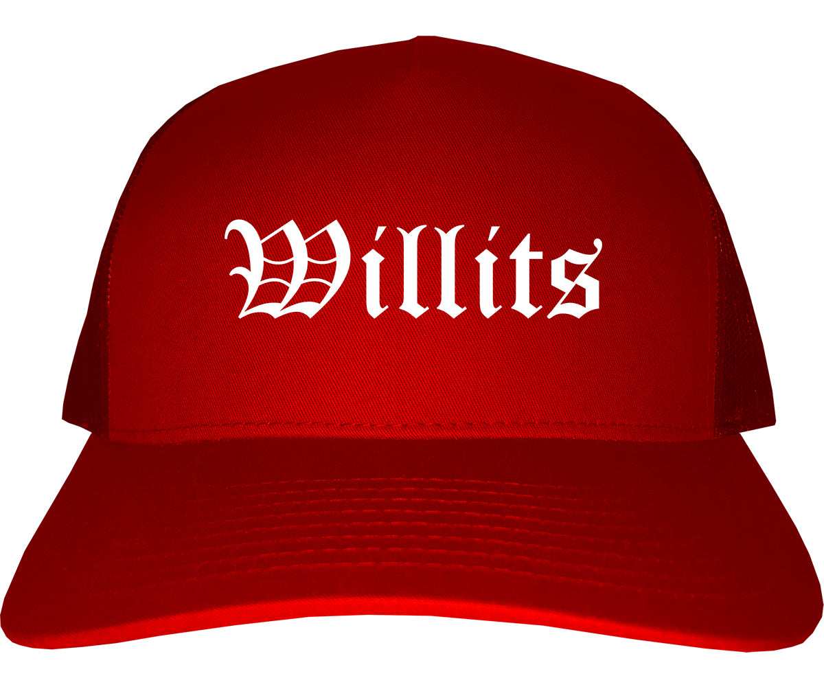 Willits California CA Old English Mens Trucker Hat Cap Red
