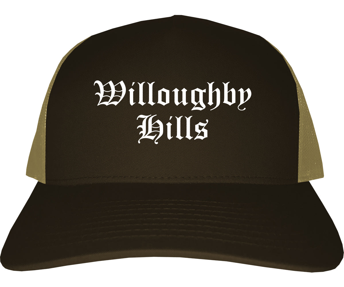 Willoughby Hills Ohio OH Old English Mens Trucker Hat Cap Brown