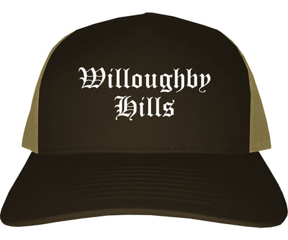 Willoughby Hills Ohio OH Old English Mens Trucker Hat Cap Brown