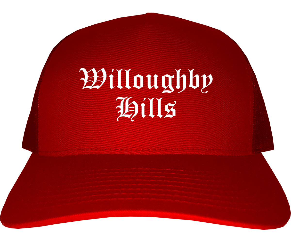 Willoughby Hills Ohio OH Old English Mens Trucker Hat Cap Red