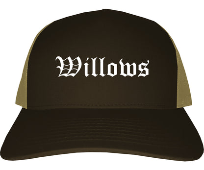 Willows California CA Old English Mens Trucker Hat Cap Brown