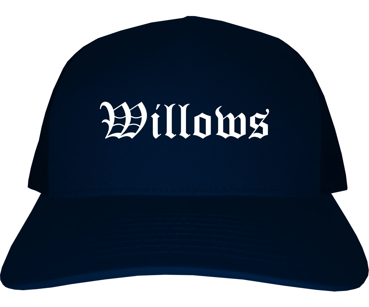 Willows California CA Old English Mens Trucker Hat Cap Navy Blue