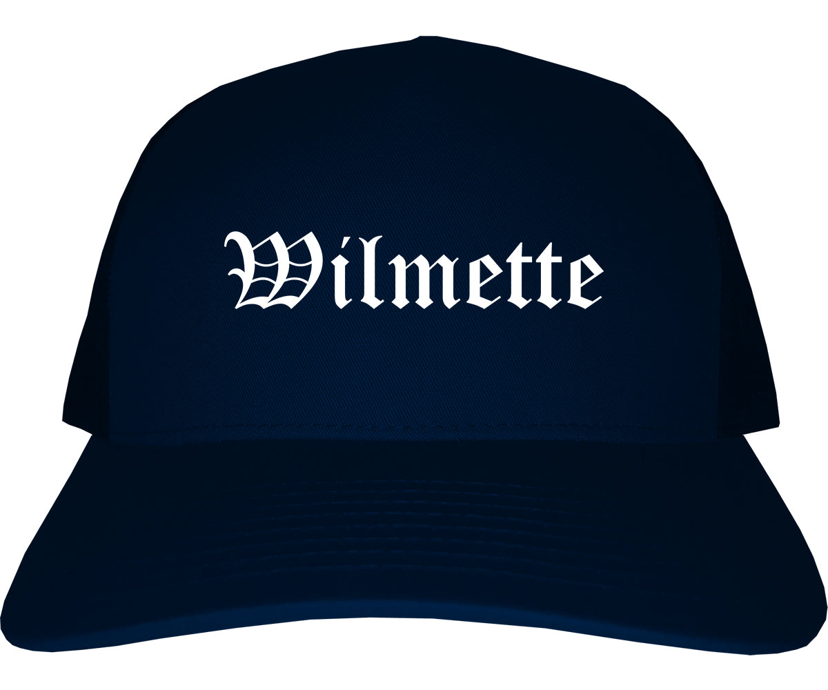 Wilmette Illinois IL Old English Mens Trucker Hat Cap Navy Blue
