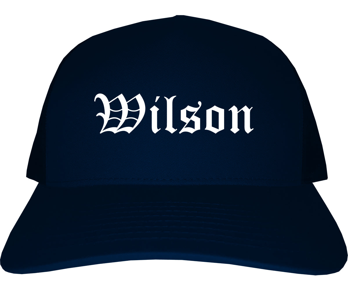 Wilson North Carolina NC Old English Mens Trucker Hat Cap Navy Blue
