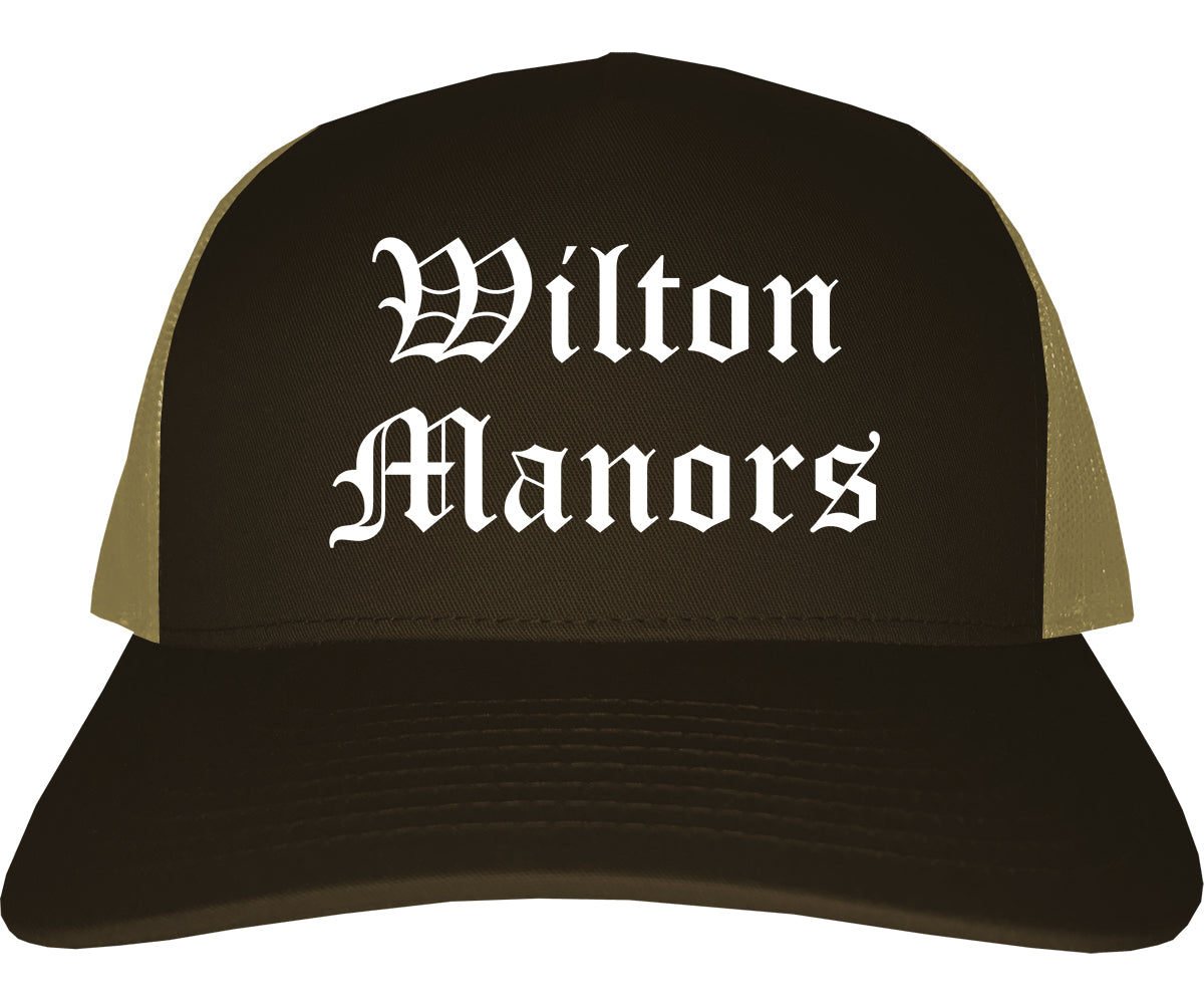 Wilton Manors Florida FL Old English Mens Trucker Hat Cap Brown