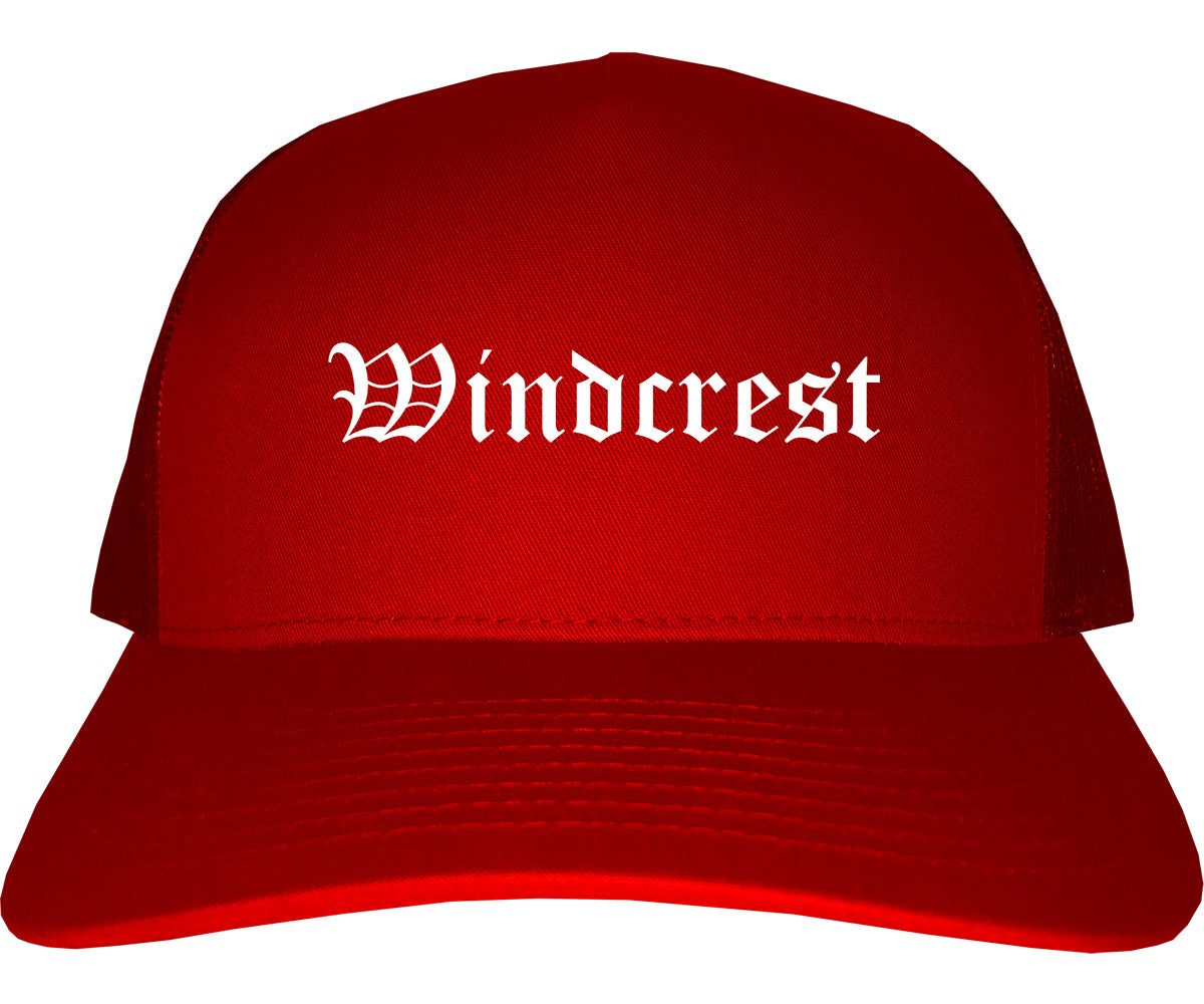 Windcrest Texas TX Old English Mens Trucker Hat Cap Red