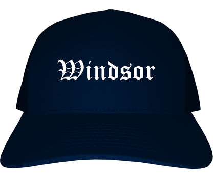 Windsor California CA Old English Mens Trucker Hat Cap Navy Blue