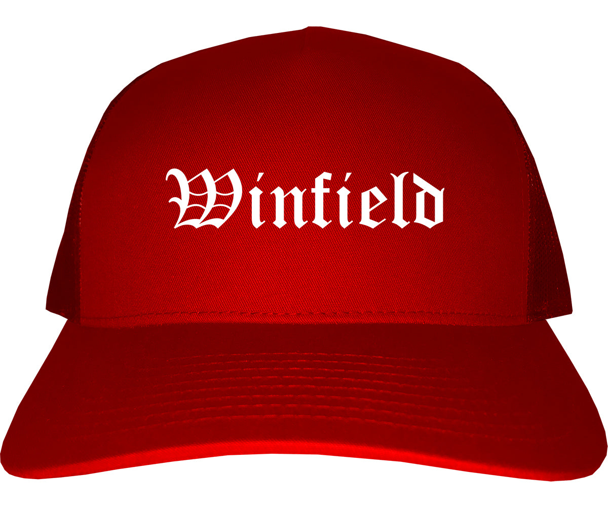 Winfield Illinois IL Old English Mens Trucker Hat Cap Red