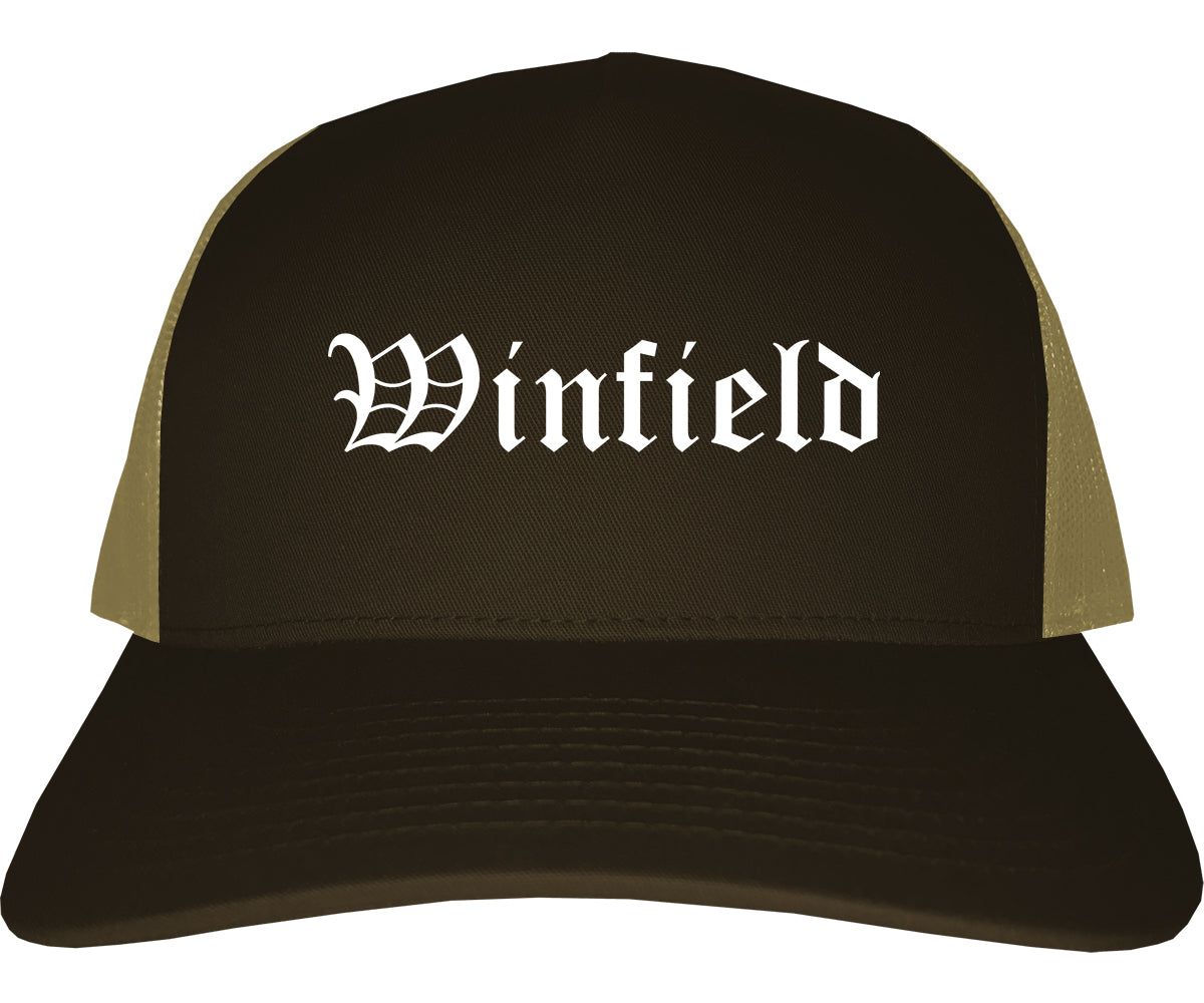 Winfield Kansas KS Old English Mens Trucker Hat Cap Brown