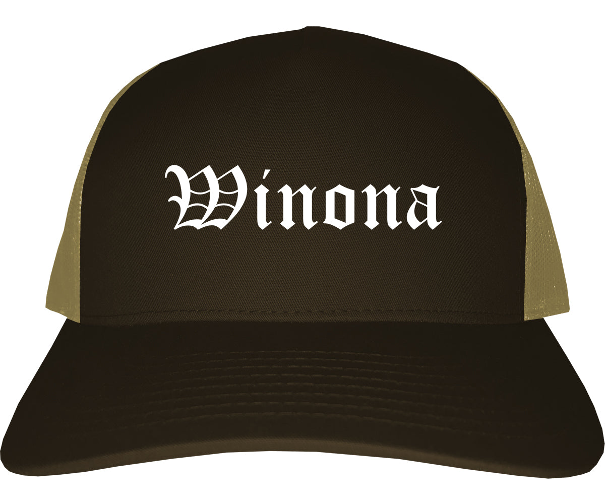 Winona Minnesota MN Old English Mens Trucker Hat Cap Brown
