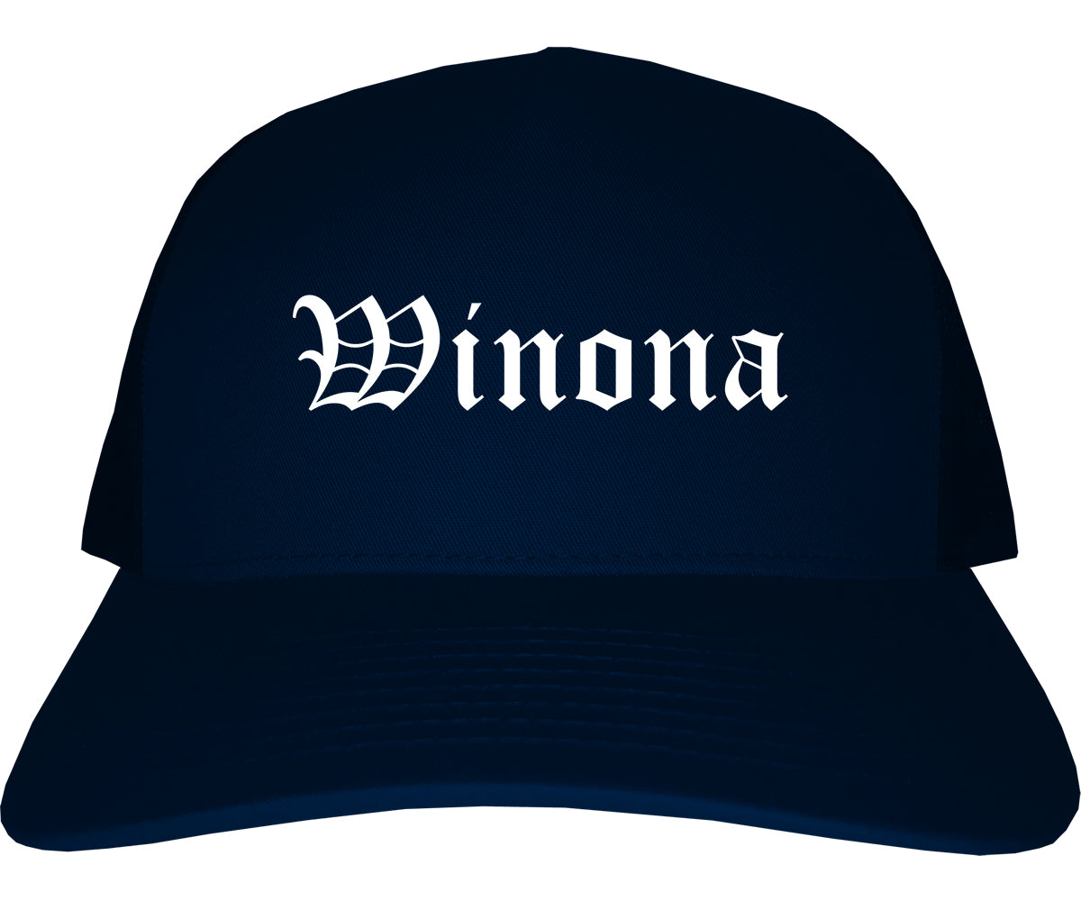 Winona Minnesota MN Old English Mens Trucker Hat Cap Navy Blue