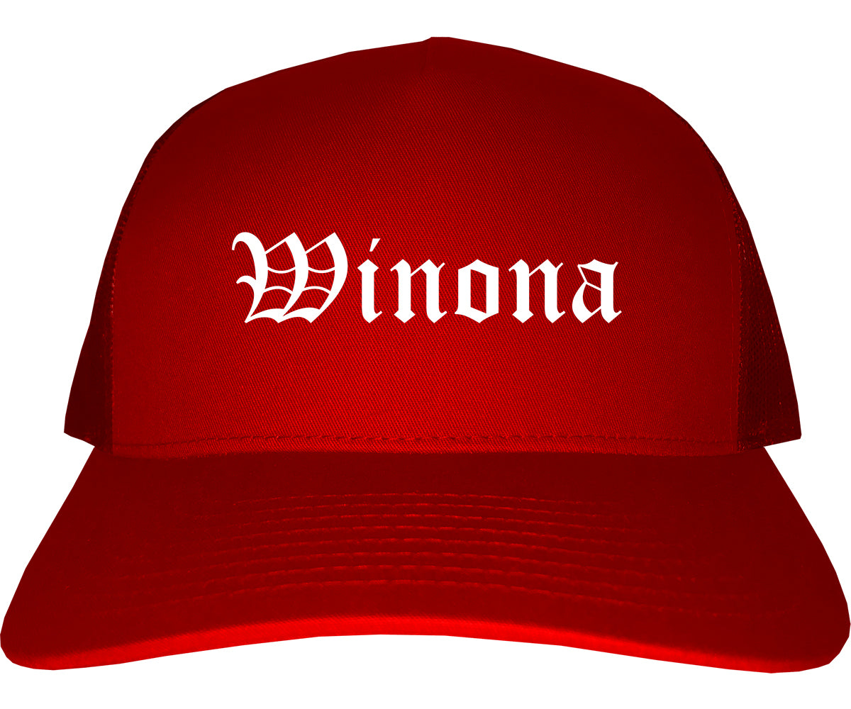 Winona Minnesota MN Old English Mens Trucker Hat Cap Red