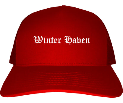 Winter Haven Florida FL Old English Mens Trucker Hat Cap Red