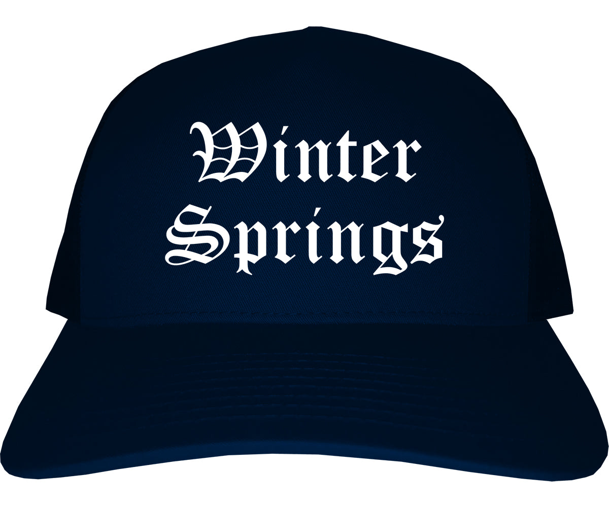 Winter Springs Florida FL Old English Mens Trucker Hat Cap Navy Blue