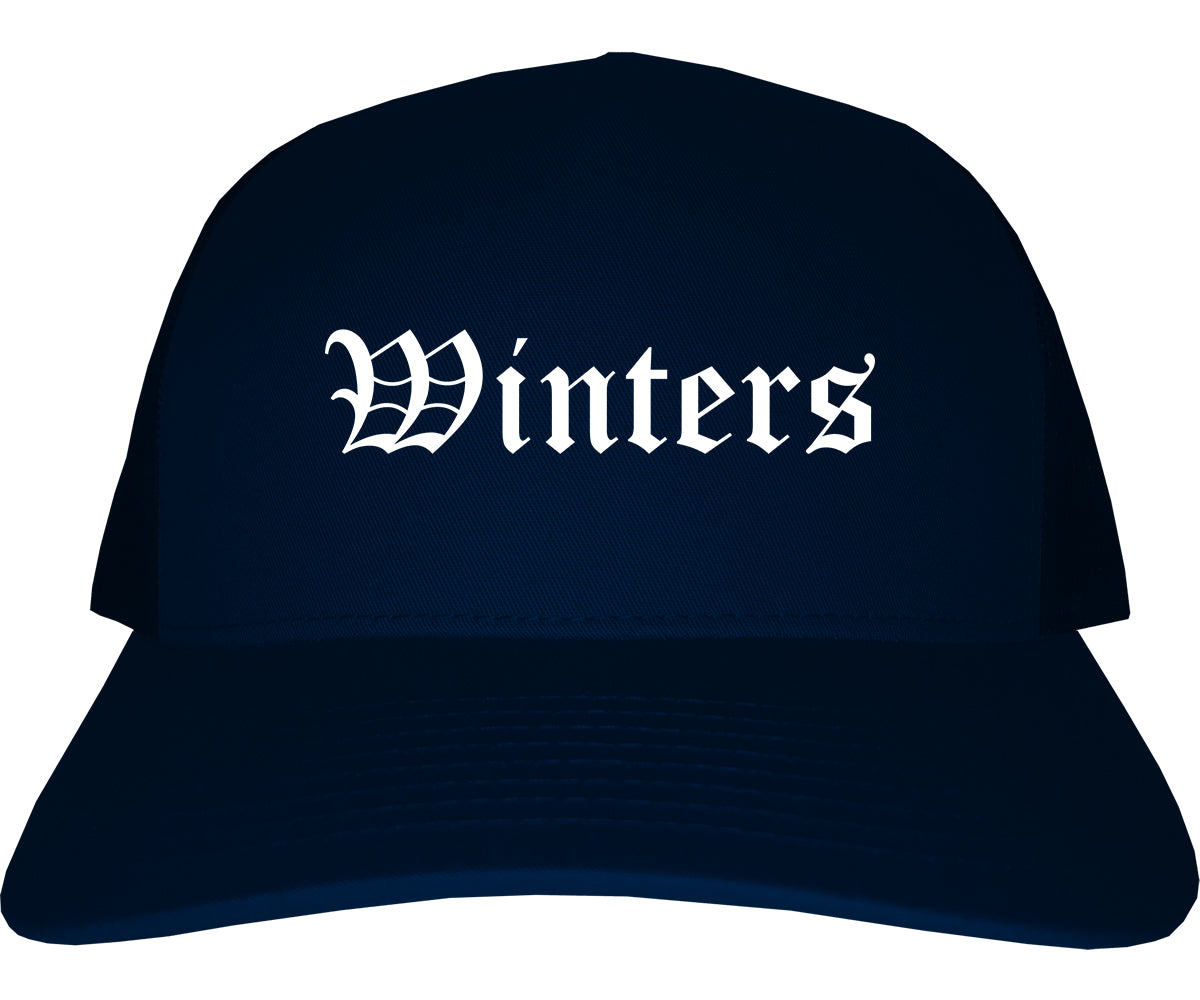Winters California CA Old English Mens Trucker Hat Cap Navy Blue