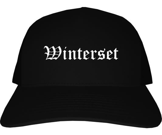Winterset Iowa IA Old English Mens Trucker Hat Cap Black