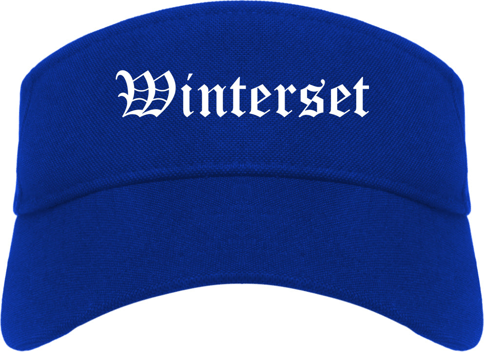 Winterset Iowa IA Old English Mens Visor Cap Hat Royal Blue