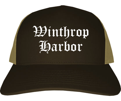 Winthrop Harbor Illinois IL Old English Mens Trucker Hat Cap Brown