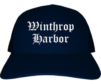Winthrop Harbor Illinois IL Old English Mens Trucker Hat Cap Navy Blue