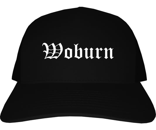 Woburn Massachusetts MA Old English Mens Trucker Hat Cap Black