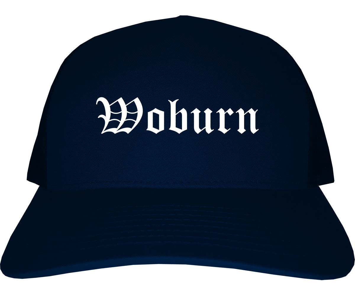 Woburn Massachusetts MA Old English Mens Trucker Hat Cap Navy Blue