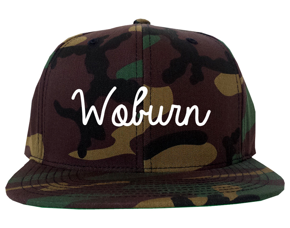 Woburn Massachusetts MA Script Mens Snapback Hat Army Camo