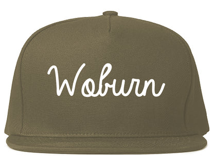 Woburn Massachusetts MA Script Mens Snapback Hat Grey