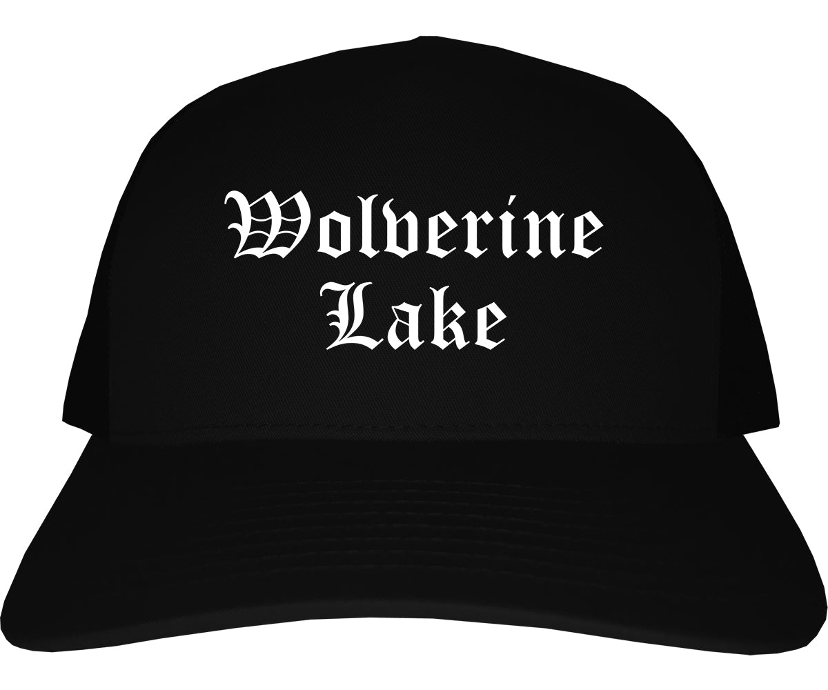 Wolverine Lake Michigan MI Old English Mens Trucker Hat Cap Black