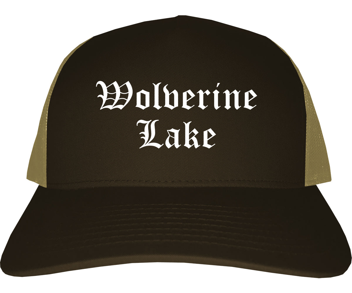 Wolverine Lake Michigan MI Old English Mens Trucker Hat Cap Brown