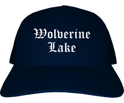 Wolverine Lake Michigan MI Old English Mens Trucker Hat Cap Navy Blue