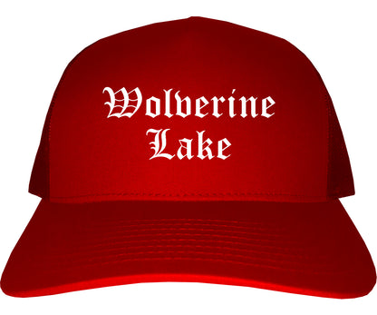 Wolverine Lake Michigan MI Old English Mens Trucker Hat Cap Red