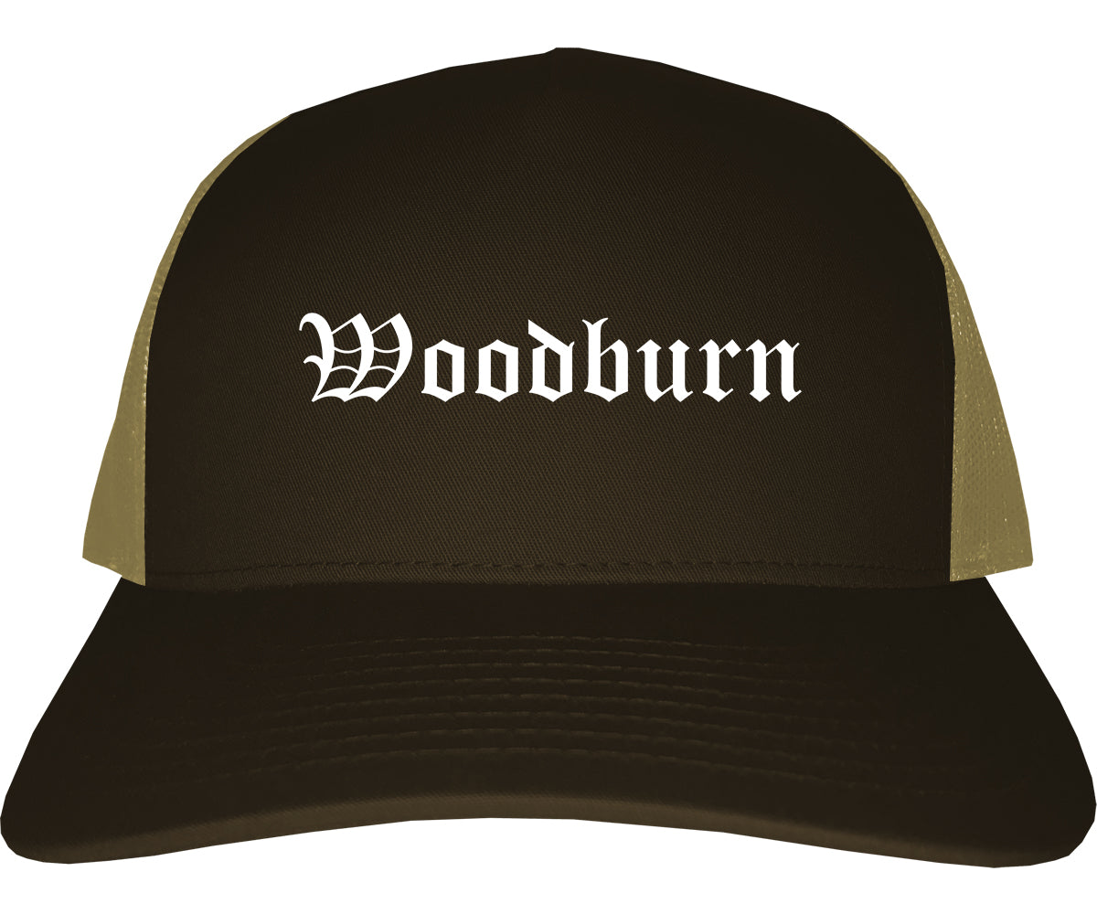 Woodburn Oregon OR Old English Mens Trucker Hat Cap Brown