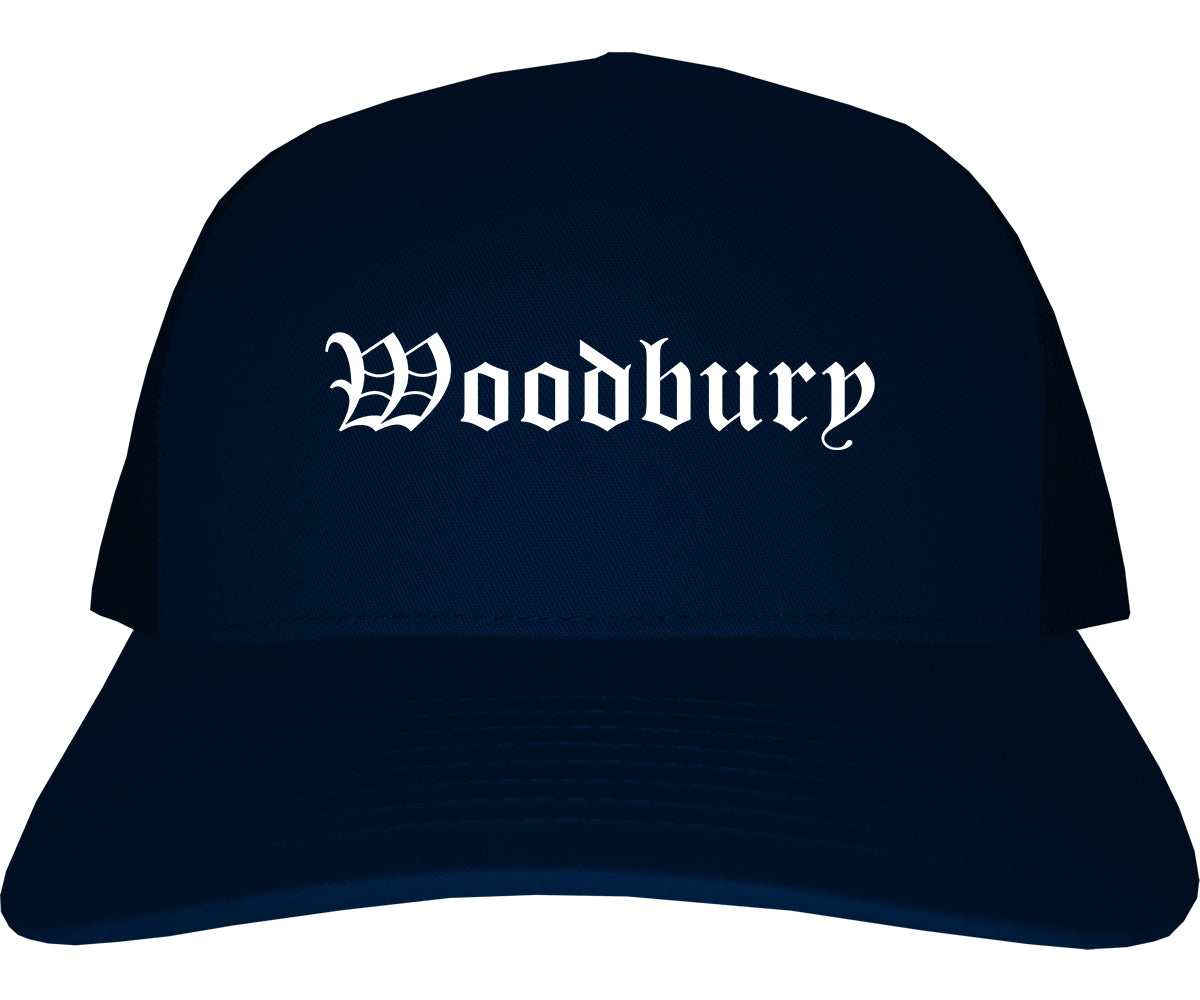 Woodbury New York NY Old English Mens Trucker Hat Cap Navy Blue