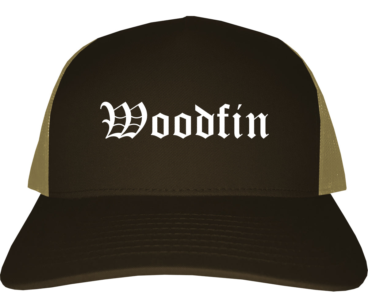 Woodfin North Carolina NC Old English Mens Trucker Hat Cap Brown