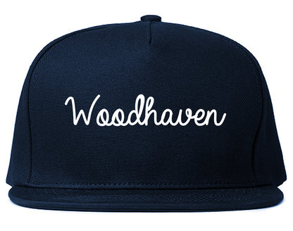 Woodhaven Michigan MI Script Mens Snapback Hat Navy Blue