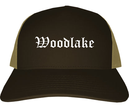 Woodlake California CA Old English Mens Trucker Hat Cap Brown