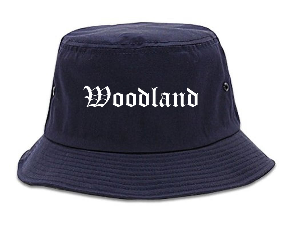 Woodland California CA Old English Mens Bucket Hat Navy Blue