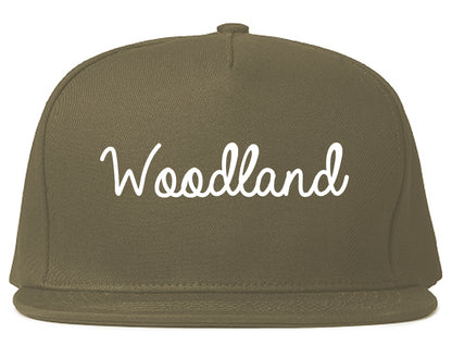 Woodland California CA Script Mens Snapback Hat Grey
