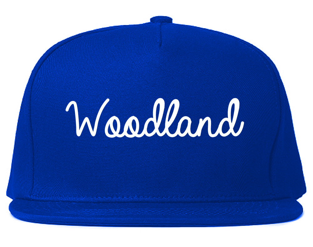 Woodland California CA Script Mens Snapback Hat Royal Blue
