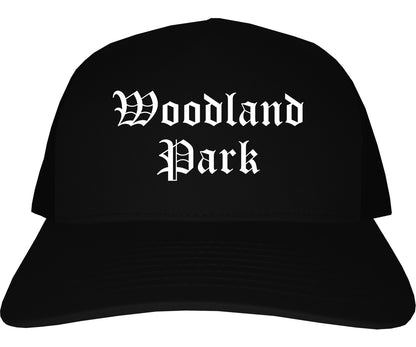 Woodland Park Colorado CO Old English Mens Trucker Hat Cap Black