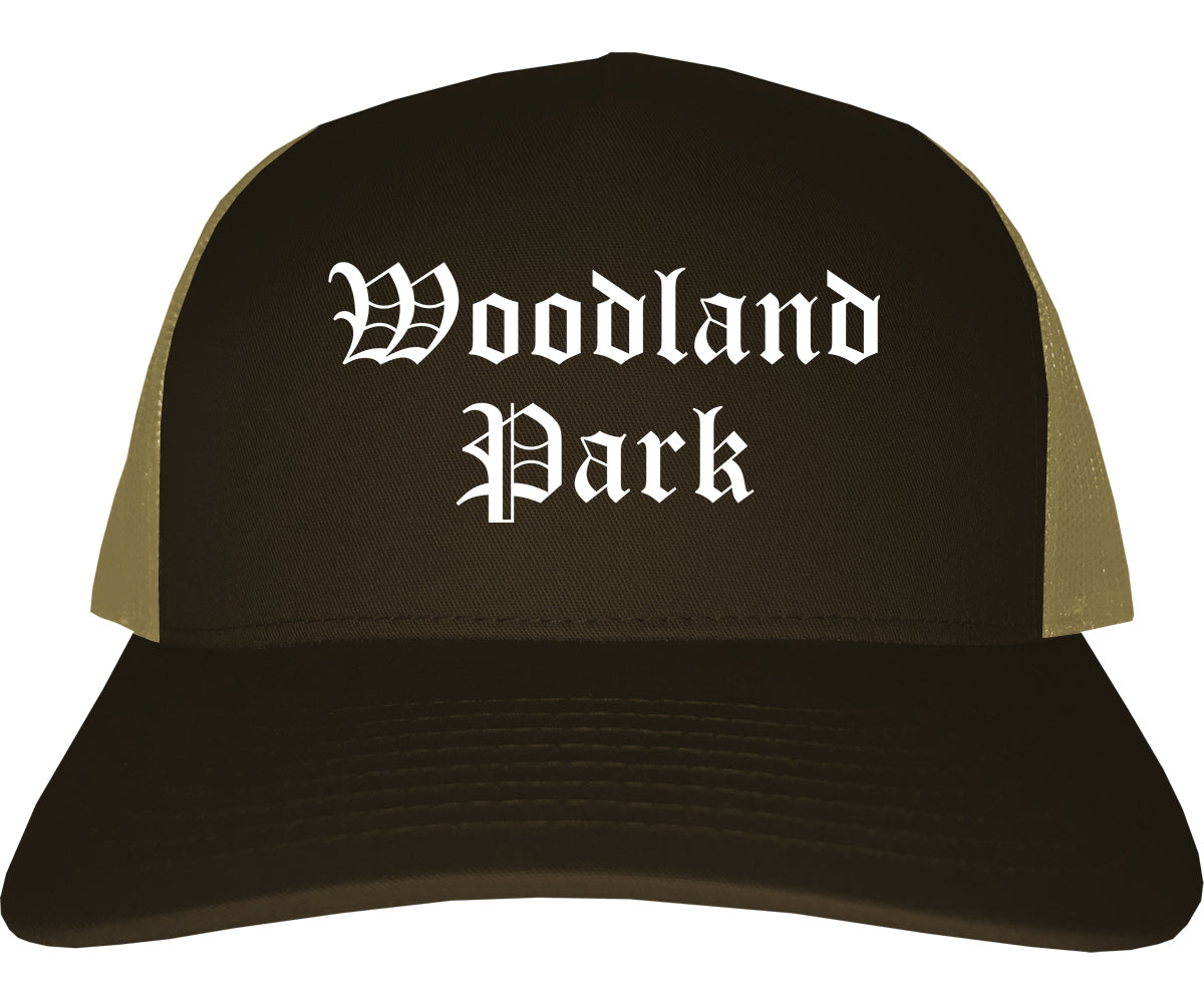 Woodland Park Colorado CO Old English Mens Trucker Hat Cap Brown