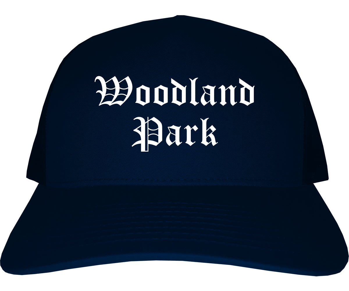 Woodland Park Colorado CO Old English Mens Trucker Hat Cap Navy Blue